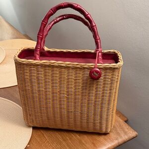 MZ Wallace Tan Woven Tote with Red Handles